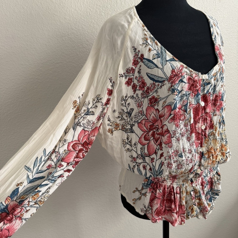 Billabong Women's Small Top Blouse Gauzy Boho Peplum Puff Sleeve Cottagecore - Picture 2 of 11